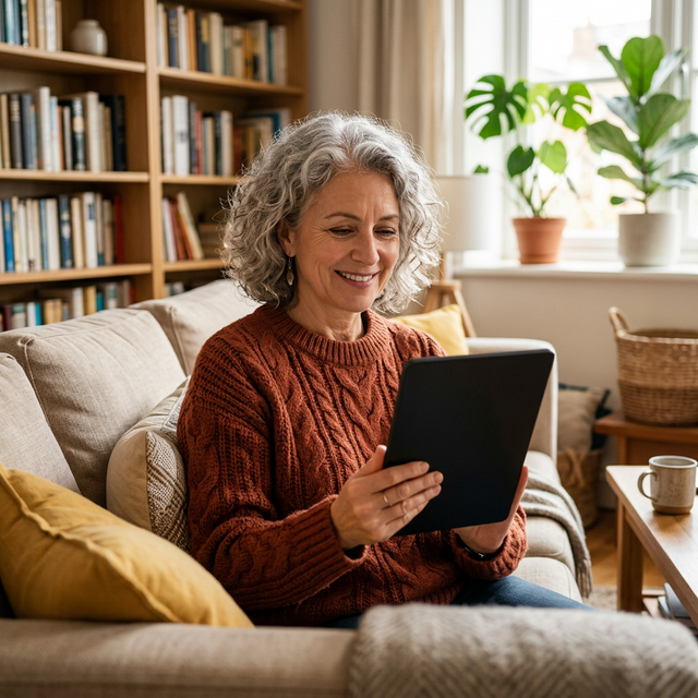 Osoba korzystająca z HeadApp Home na tablecie w domu