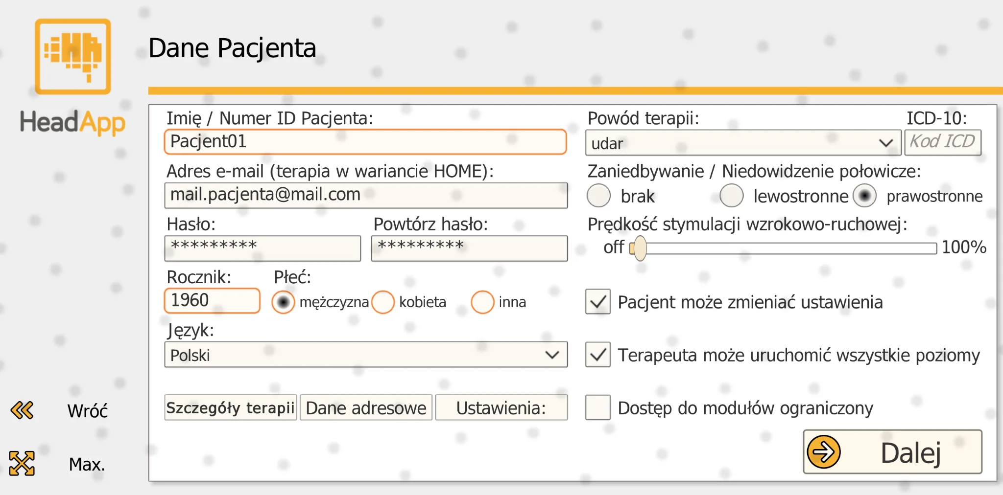 Karta danych pacjenta w HeadApp Pro