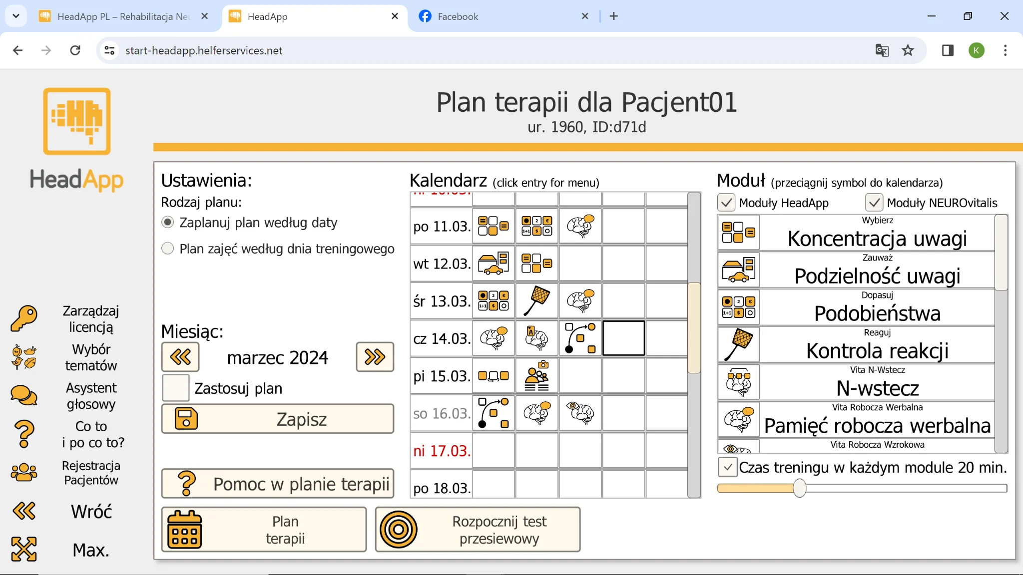 Plan terapii pacjenta w HeadApp Pro