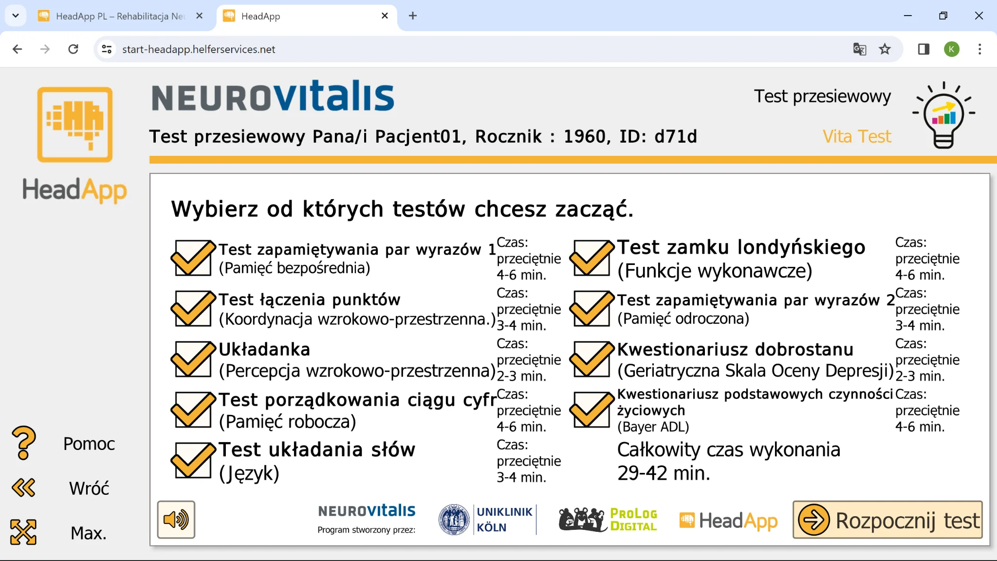 Test przesiewowy w HeadApp Pro