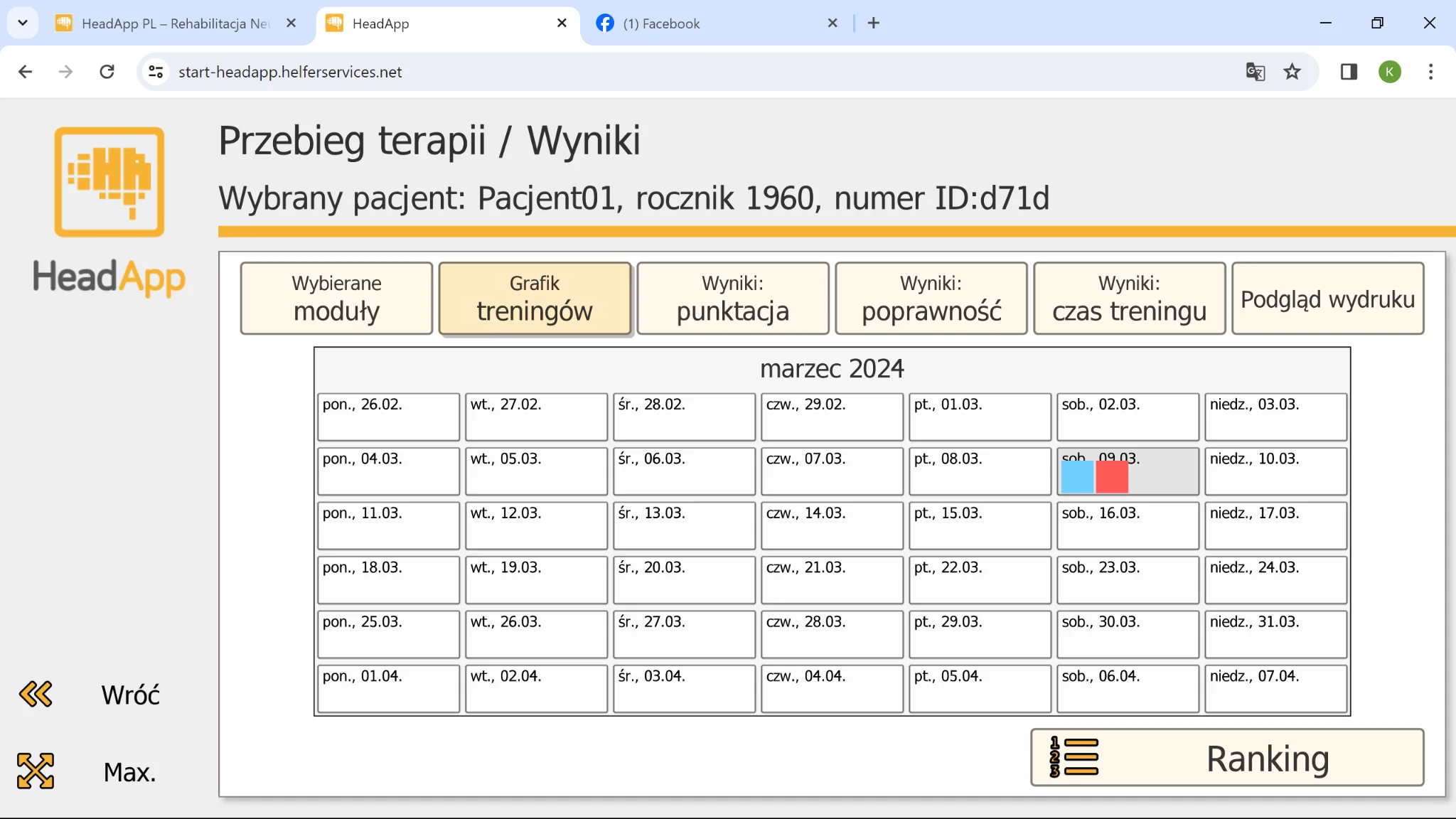 Widok wyników i grafiku pracy pacjenta w HeadApp Pro