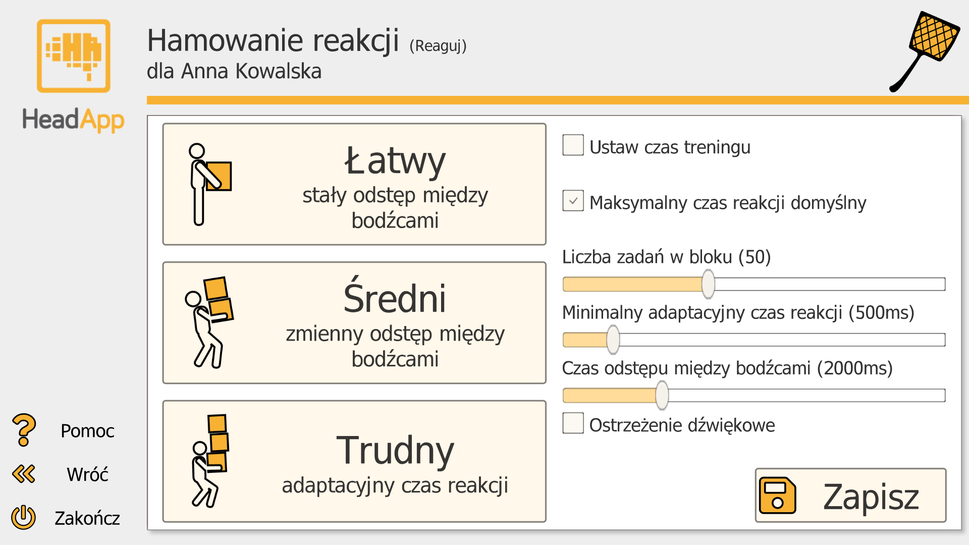 Ustawienia modułu Kontrola reakcji