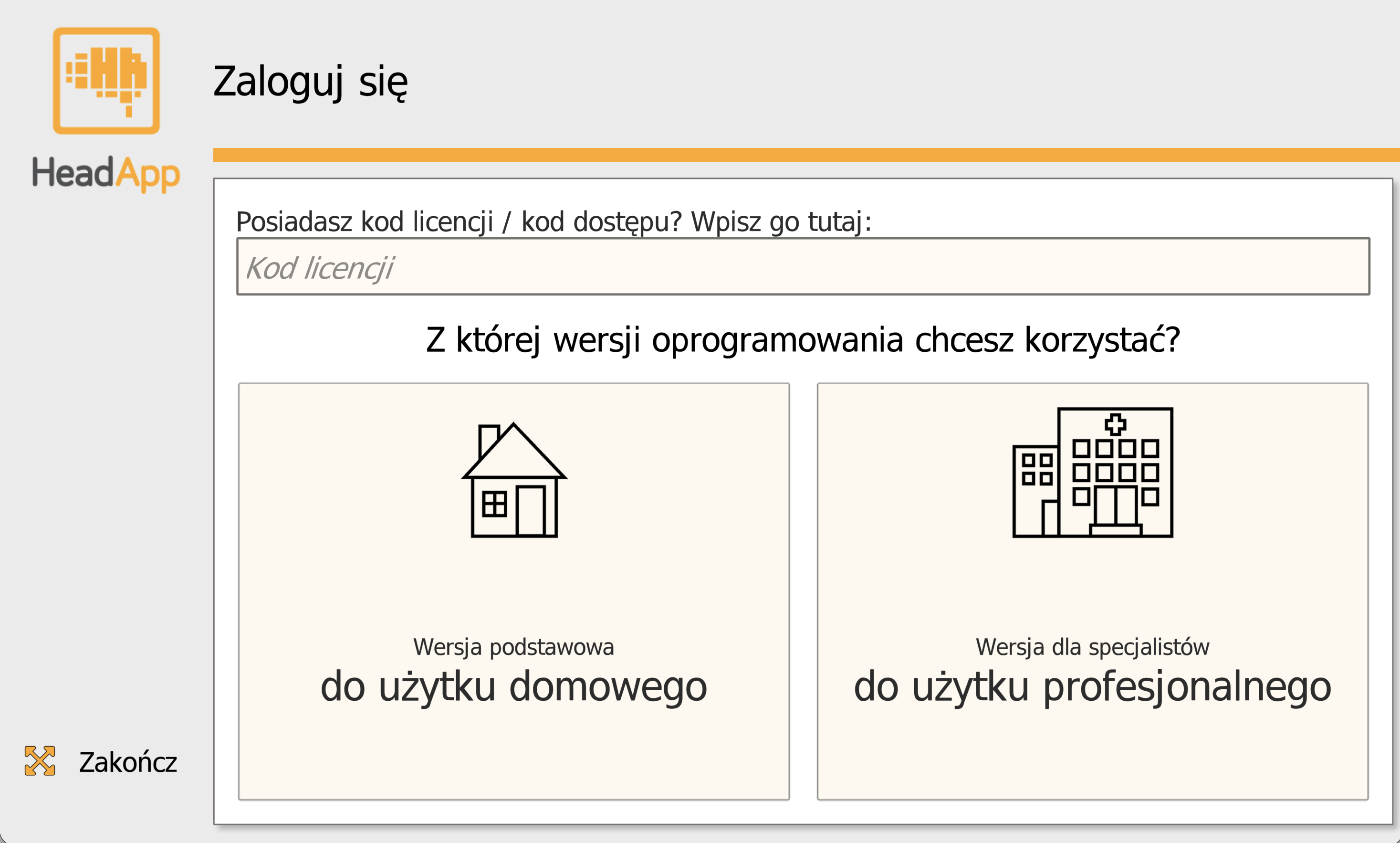 Ekran wyboru wersji HeadApp — wersja podstawowa do użytku domowego lub wersja dla specjalistów do użytku profesjonalnego
