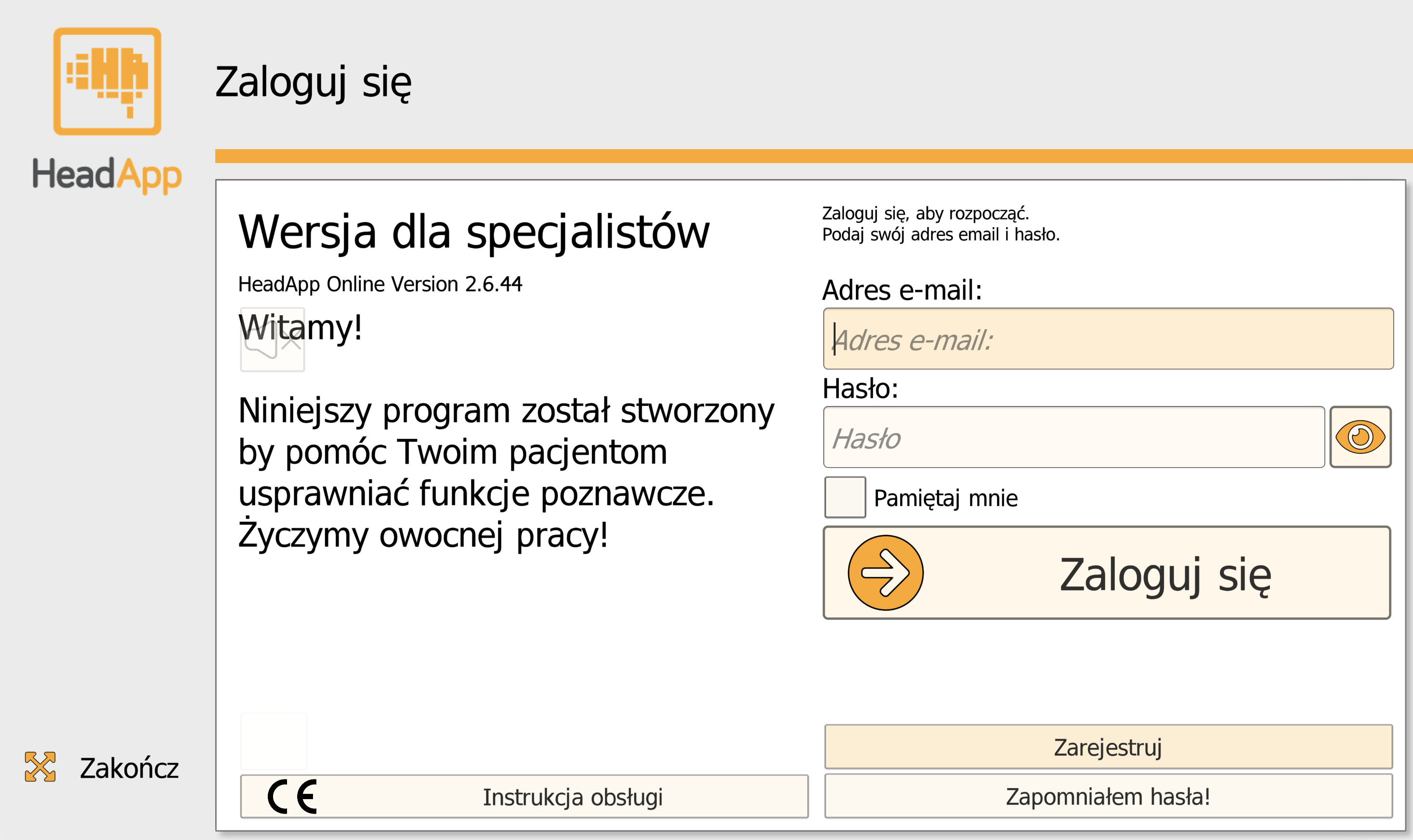 Ekran logowania HeadApp — wersja dla specjalistów z polami e-mail i hasło oraz przyciskami Zaloguj się i Zarejestruj
