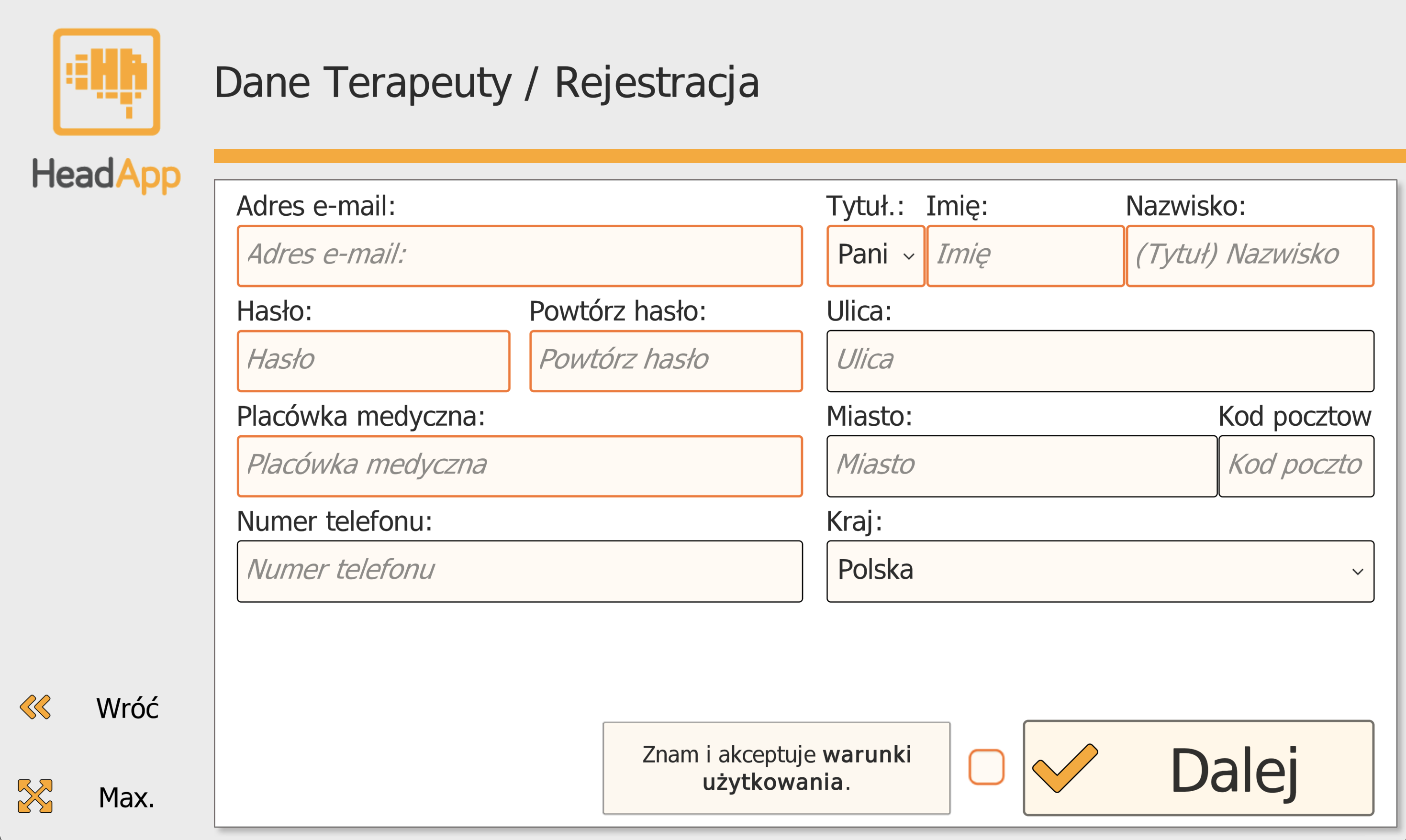 Formularz rejestracji terapeuty w HeadApp — pola: adres e-mail, imię, nazwisko, hasło, placówka medyczna, miasto i przycisk Dalej