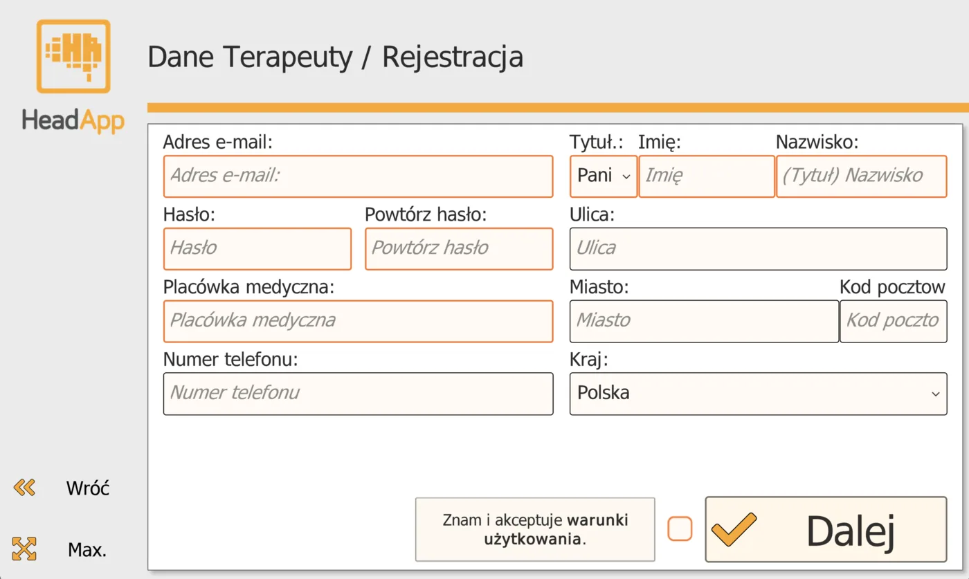 Formularz rejestracji terapeuty w HeadApp — pola: adres e-mail, imię, nazwisko, hasło, placówka medyczna, miasto i przycisk Dalej