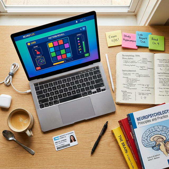 Biurko studenta neuropsychologii z laptopem, podręcznikami i notatkami