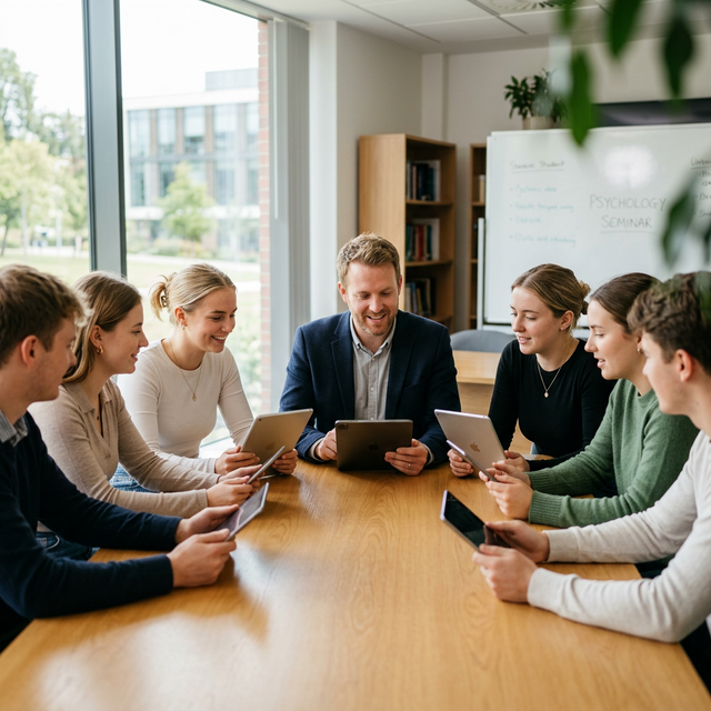 Studenci i wykładowca współpracują przy dużym stole, wykorzystując tablety podczas zajęć
